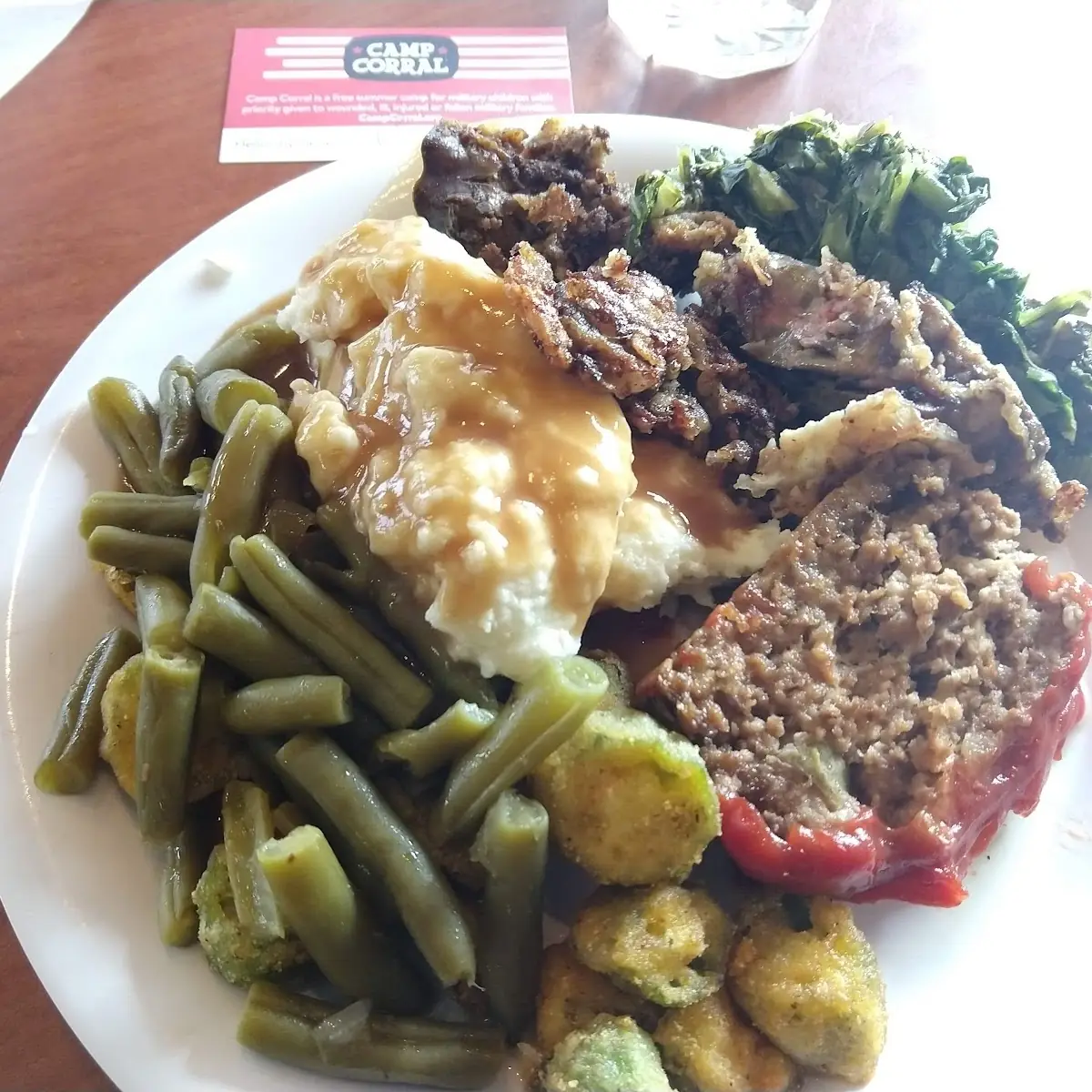 Meatloaf Mashed Potatoes & Gravy Collard Greens Chicken Livers Green Beans Fried Okra
