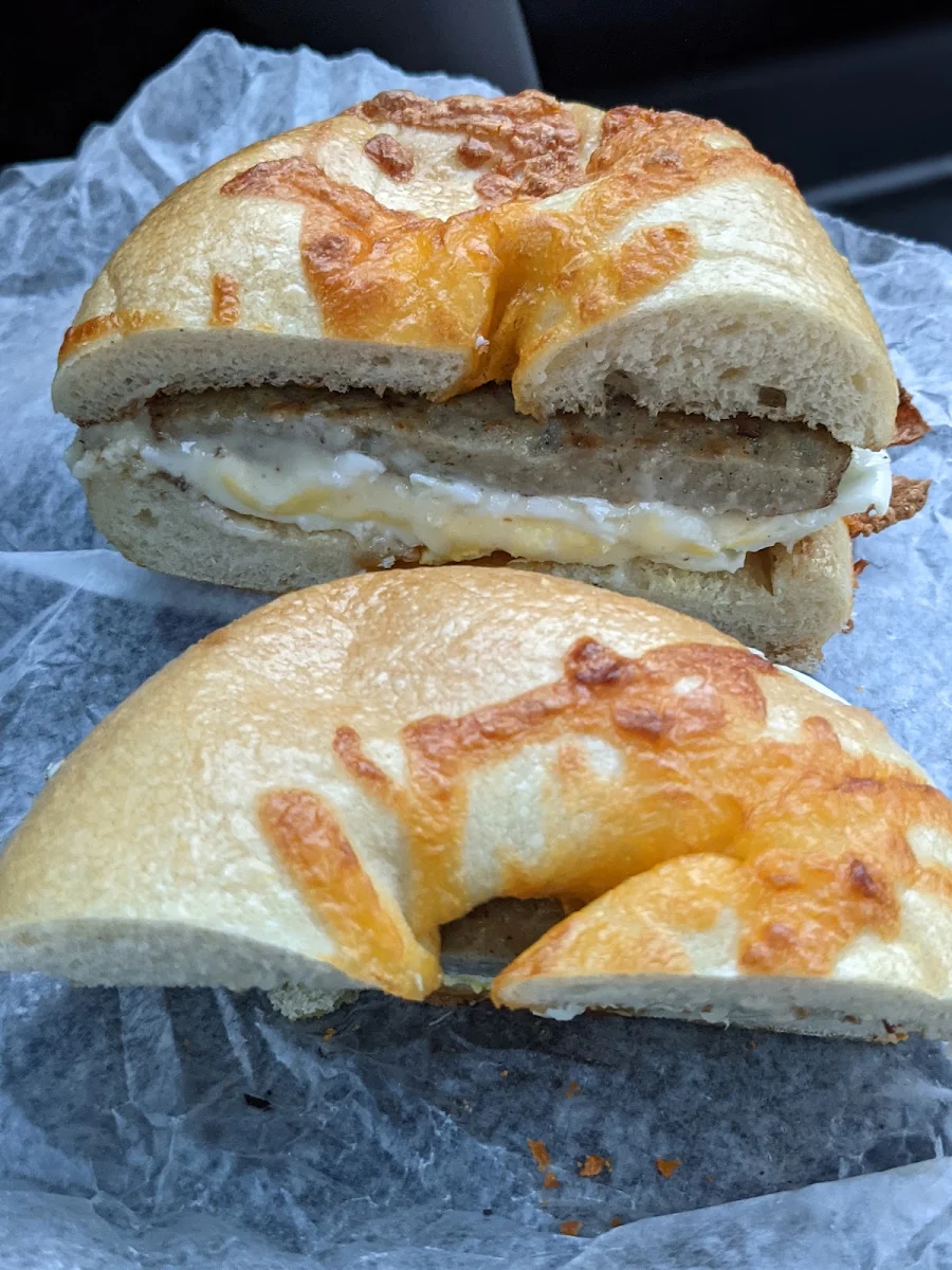 Sausage Egg and Cheese on Cheddar Bagel