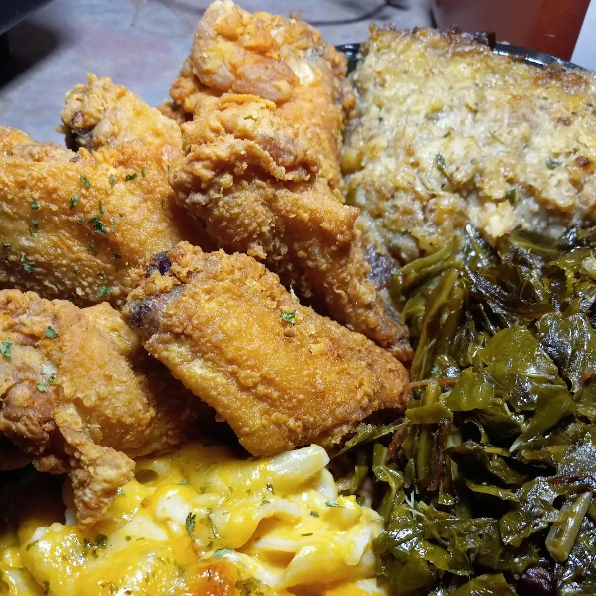 Fried Wings Mac&Cheese Collards & Stuffing Dressing