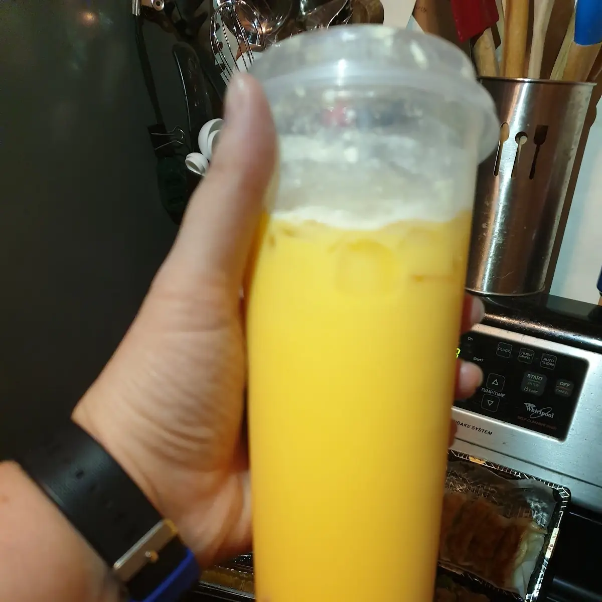 Mango Bubble Tea with Strawberry Popping Boba