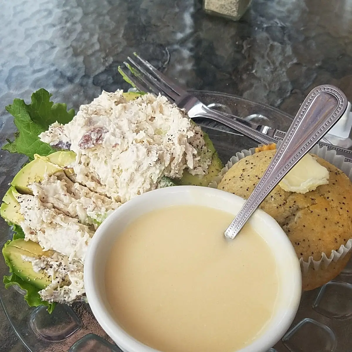 Stuffed Avacodo with Chicken Salad with Cheese Soup