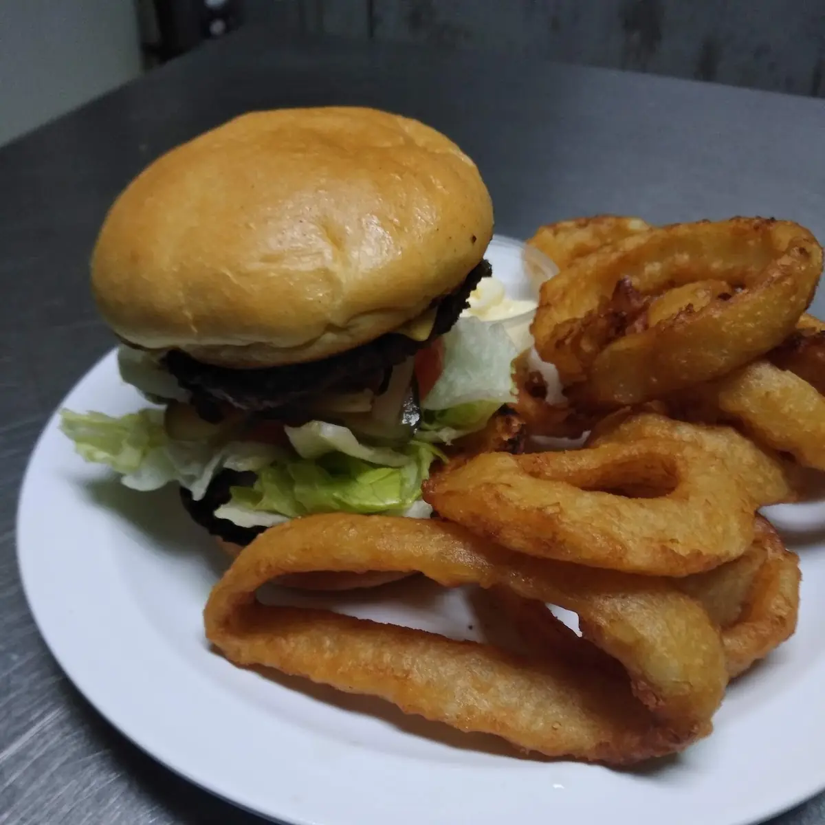 Cheeseburger Deluxe and Onion Rings