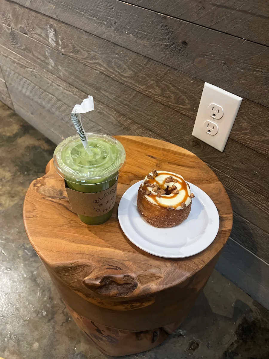 Lavender Matcha with a Cream Cheese Caramel Doughnut