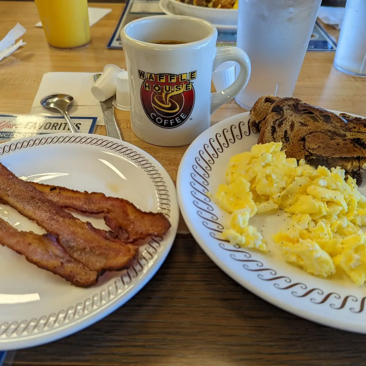 Scrambled Eggs Cinnamon Toast and Bacon