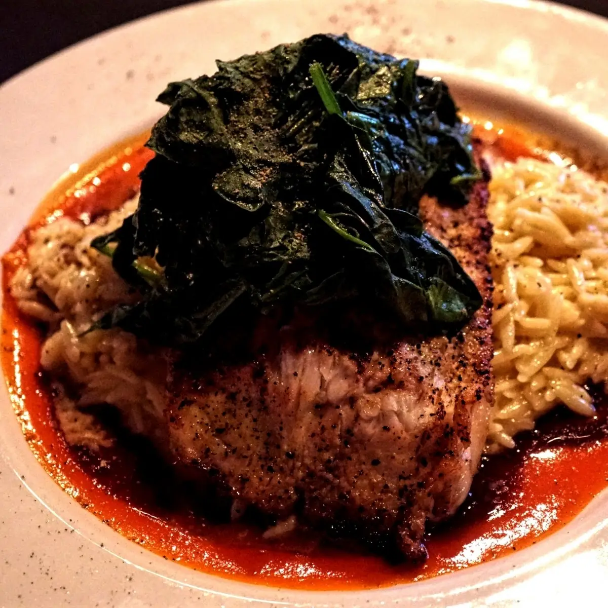 Redfish with Orzo and Sauteed Spinach