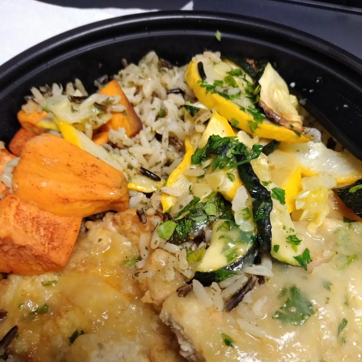 Chicken Francaise with Wild Rice and Squash