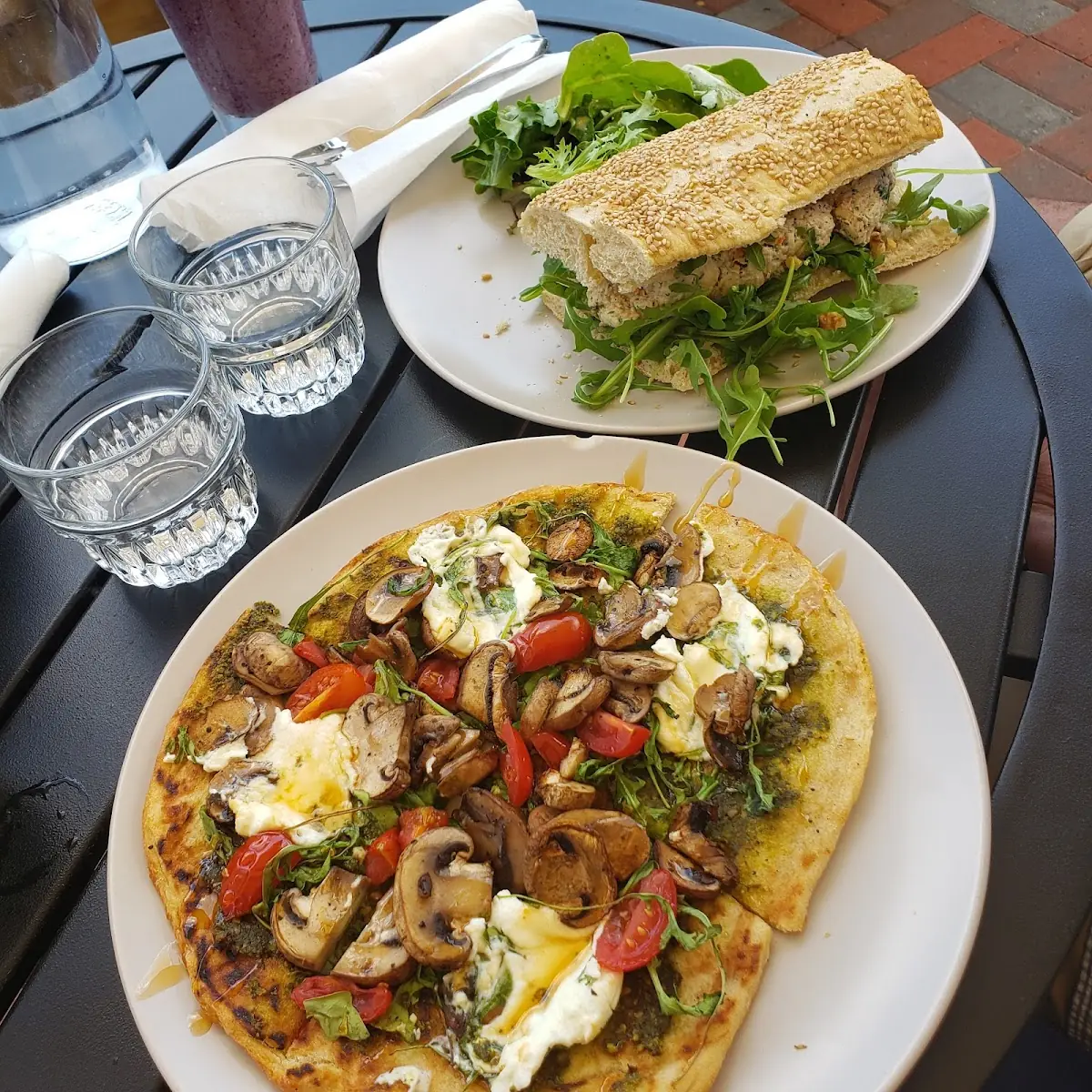 Flatbread Pizza and Chicken Salad Sandwich