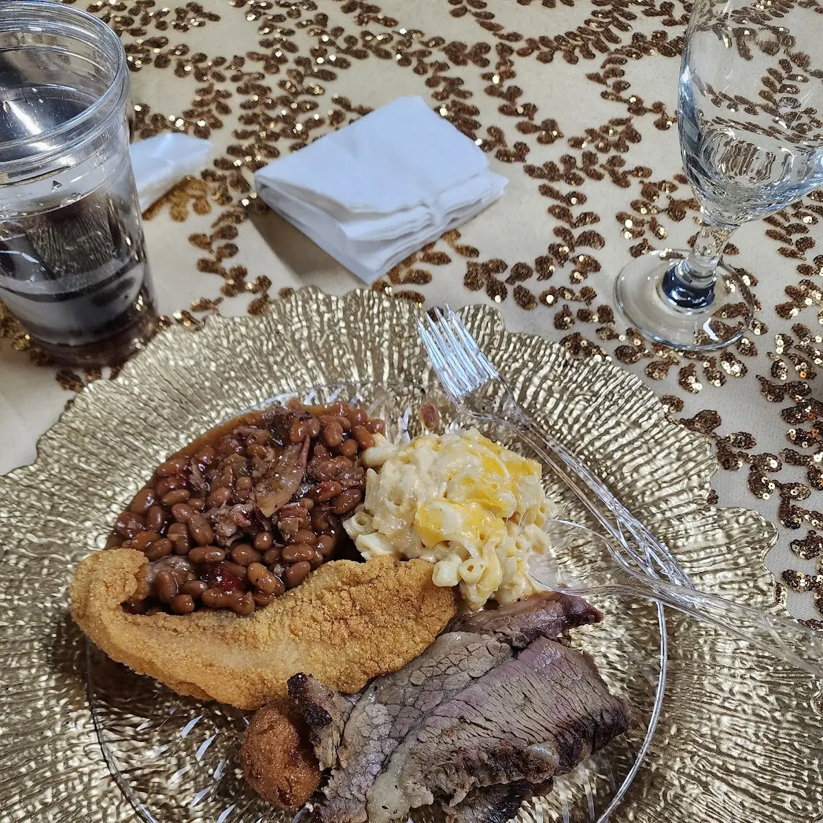 Brisket Macaroni and Cheese Baked Beans Hush Puppies Catfish