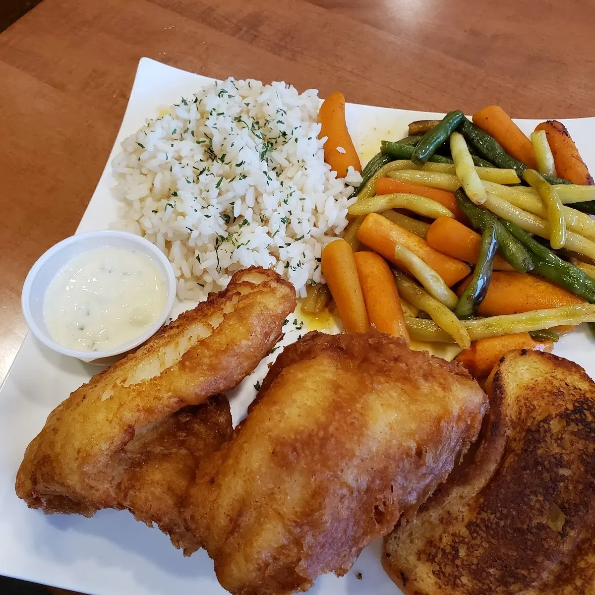 Cod Fish with White Rice and Vegetable Medley