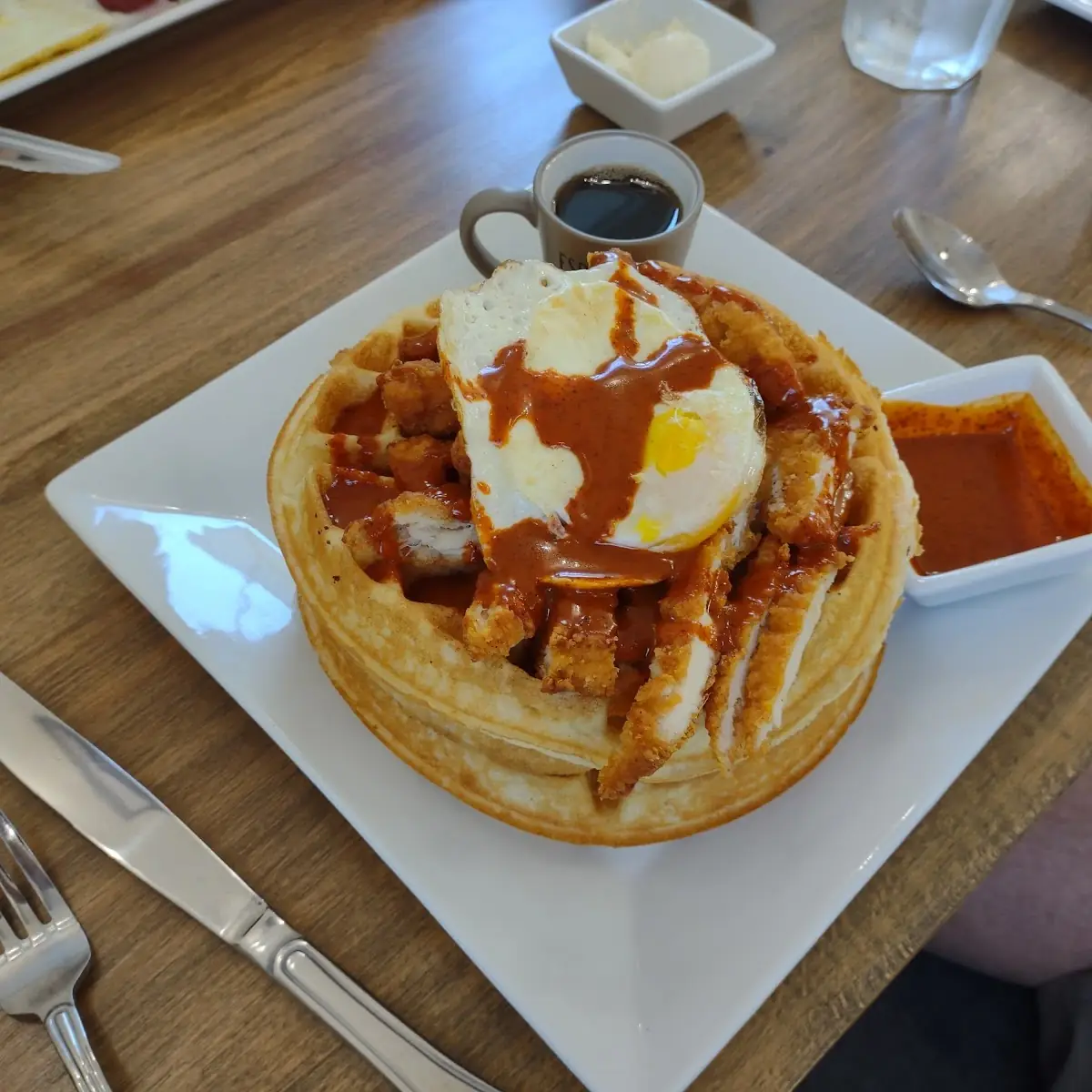 Fried Chicken and Affles with a over Easy Egg ONW