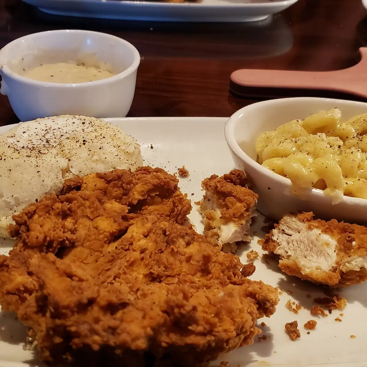 Chicken Fried Chicken with Mac and Cheese and Mashed Potatoes
