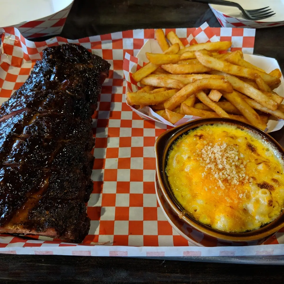 Pork Ribs Mac and Cheese and Onion Rings