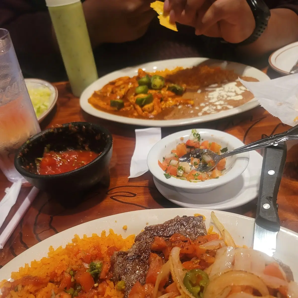 Thin Steak with Burnt Tasting Refried Beans and Rice