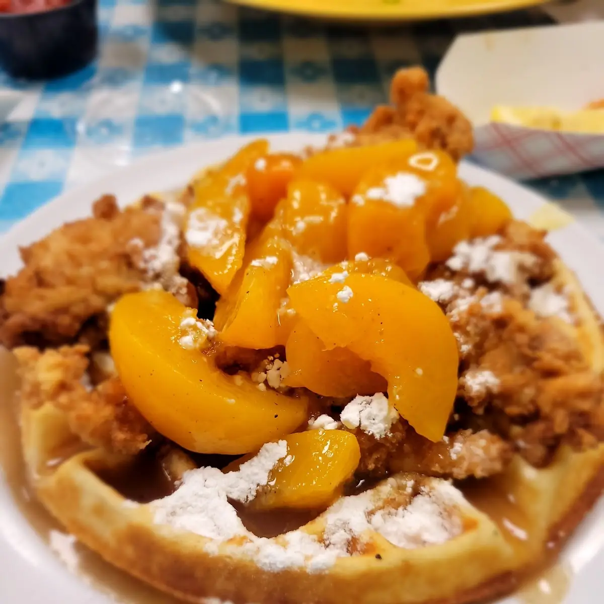 Chicken & Waffles with Peaches