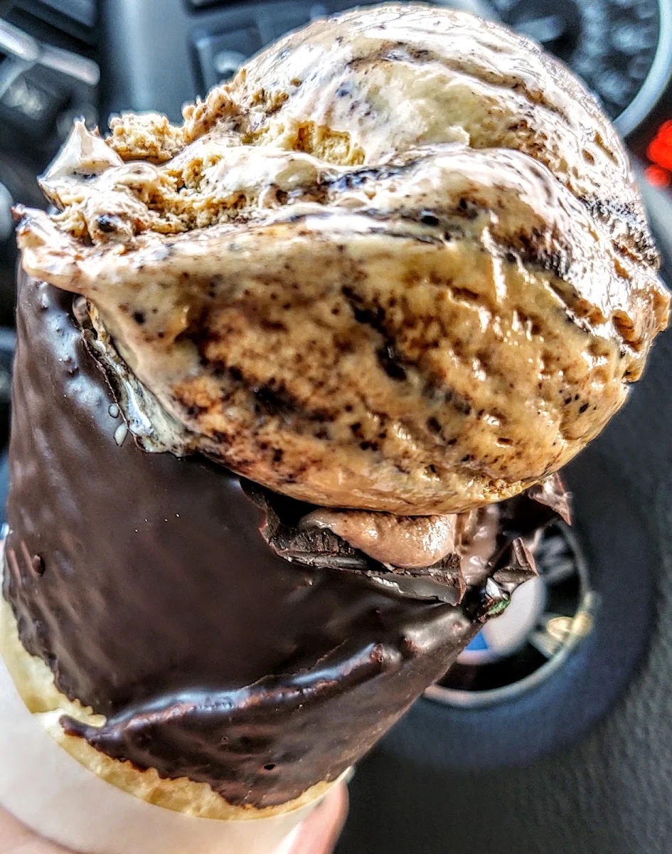 Coffee Caramel Cookie and Jack Daniel's Chocolate Chip on a Chocolate Waffle Cone