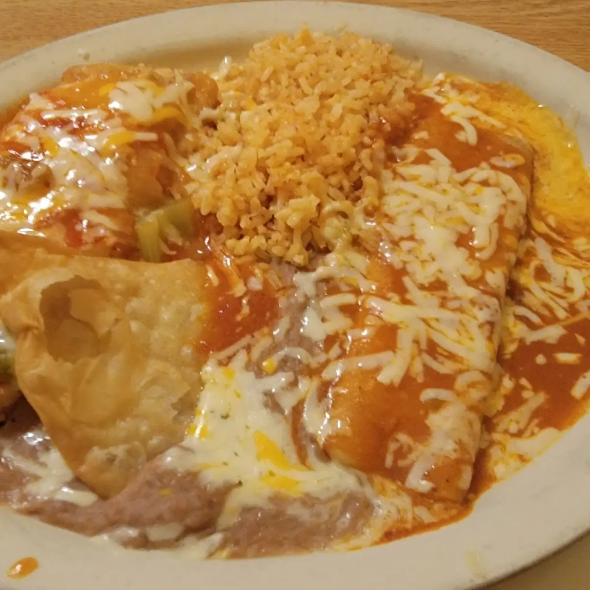 Beef Taco Chile Relleno Rice and Beans