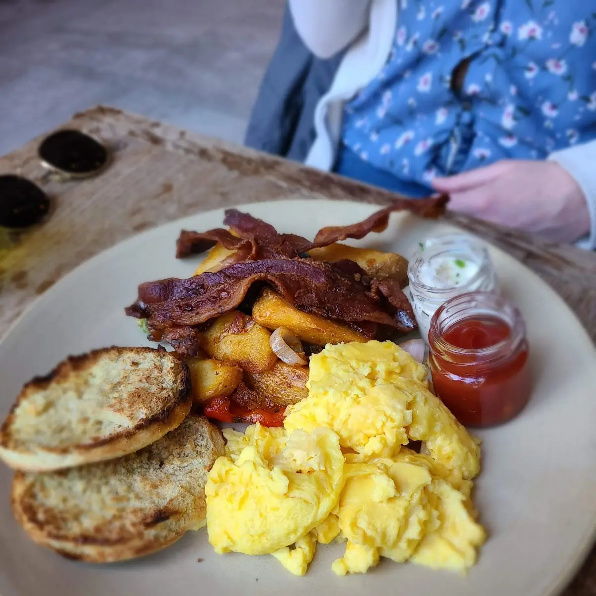 The Local Brunch' Scrambled Farm Eggs Bacon Smashed Potatoes and House-Made English Muffin