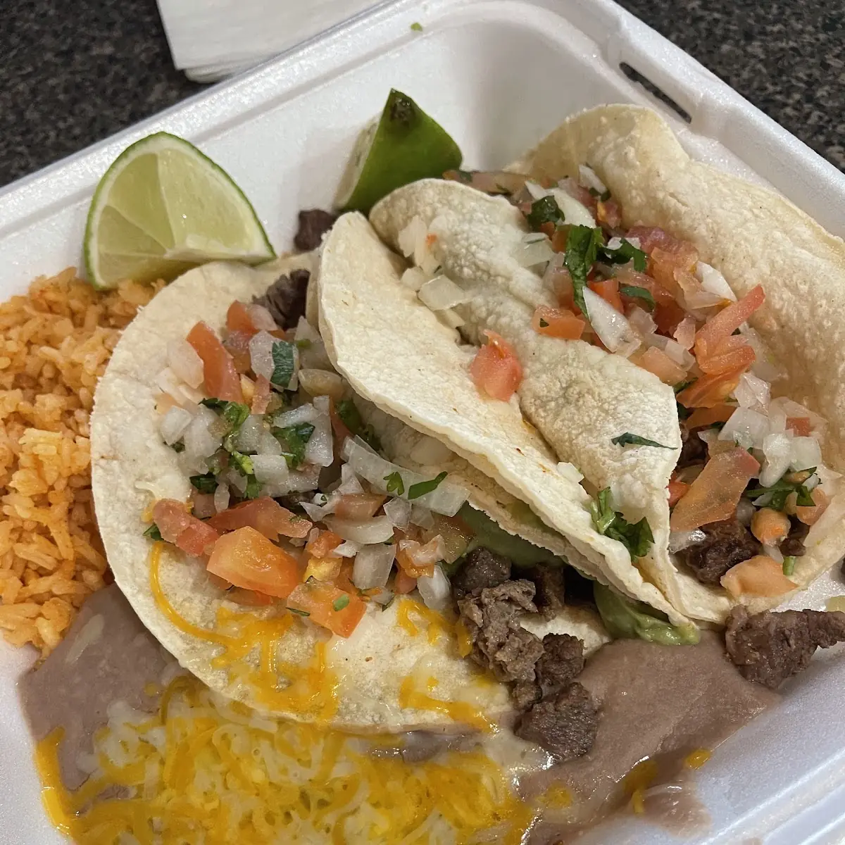Carne Asada Tacos with Rice & Beans