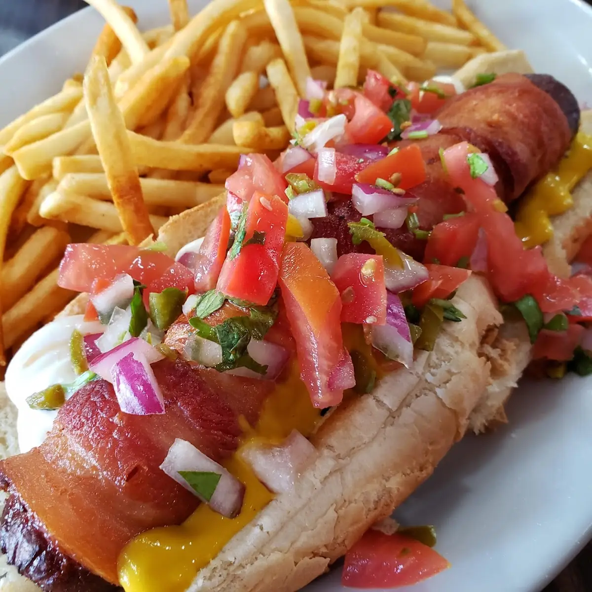 Bacon Wrapped Hot Dog with Fries