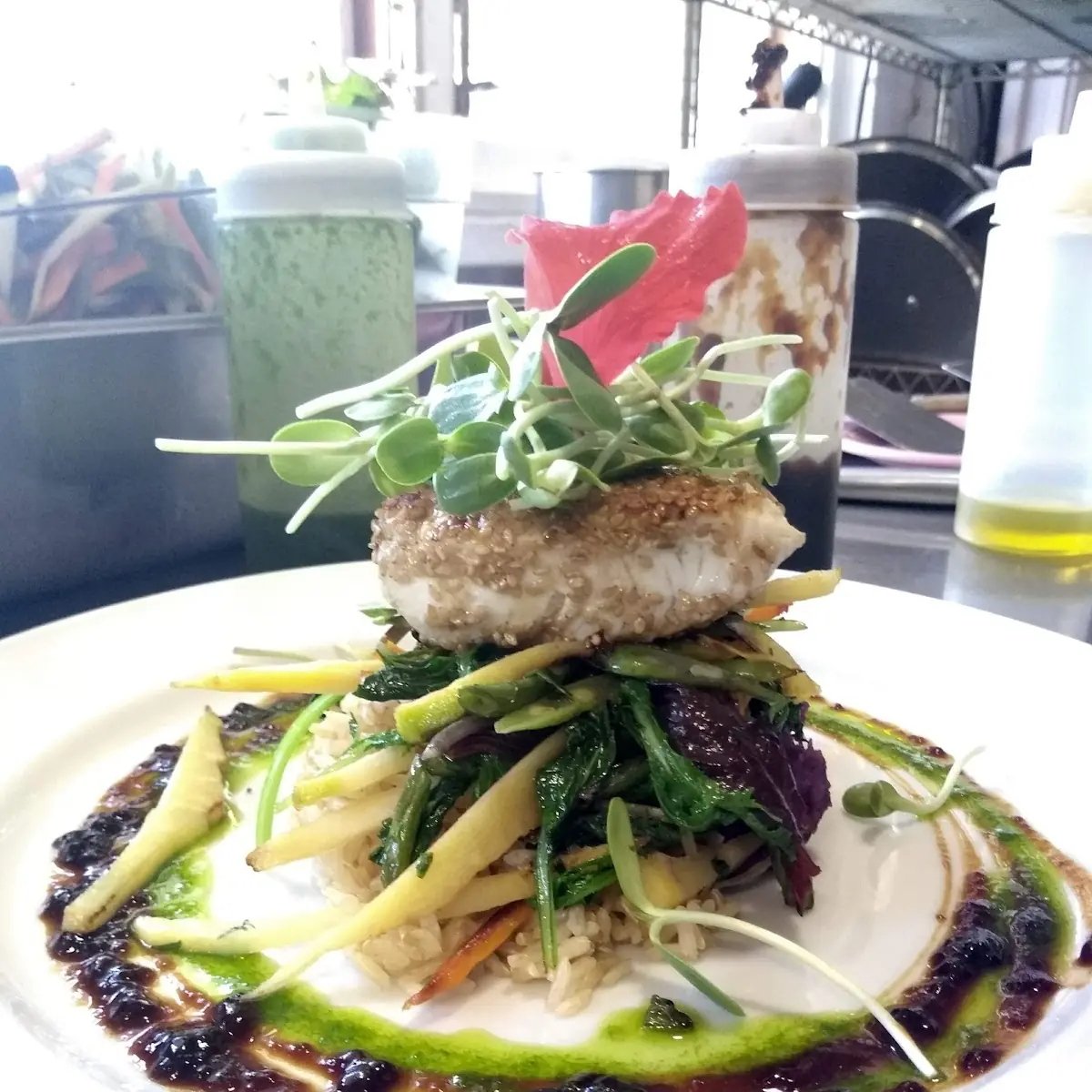 Sesame Crusted Mahi Special with Mashed Okinawan Sweet Potato Farm Veggies Ginger Shoyu Glaze
