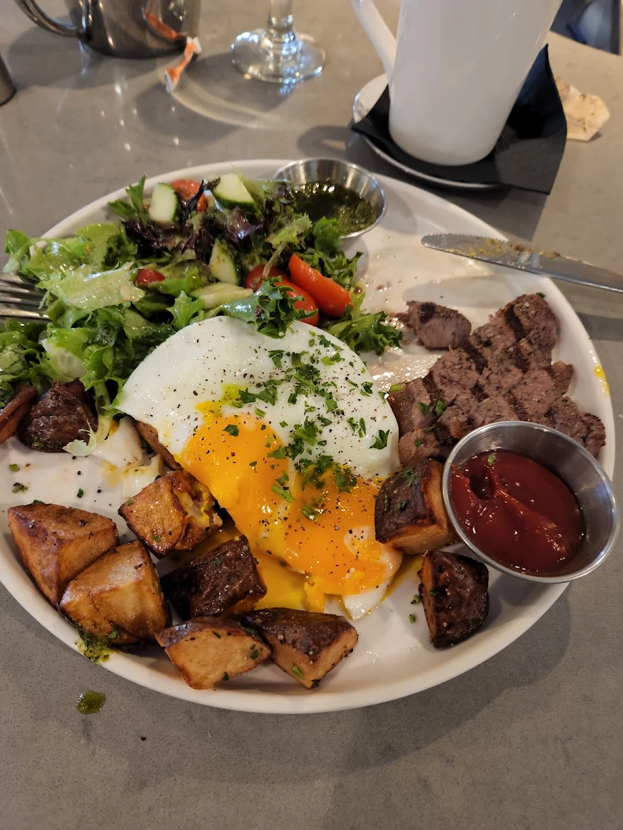 Steak and Eggs with Basil Relish, Qualicum Beach Cafe