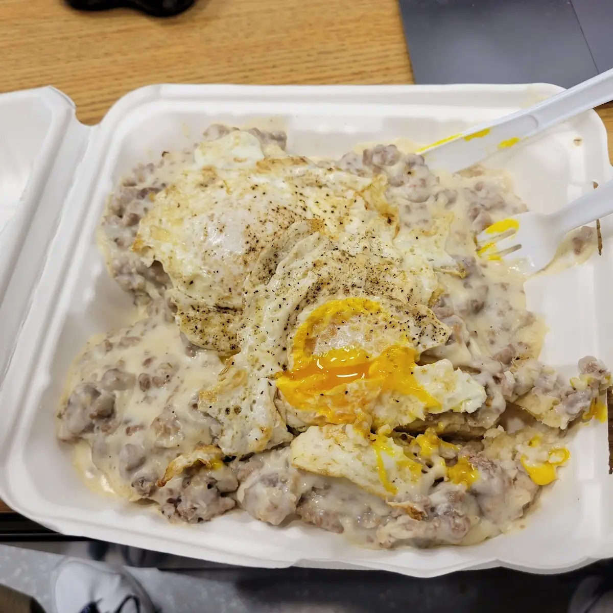 Biscuits and Gravy with over-Easy Eggs