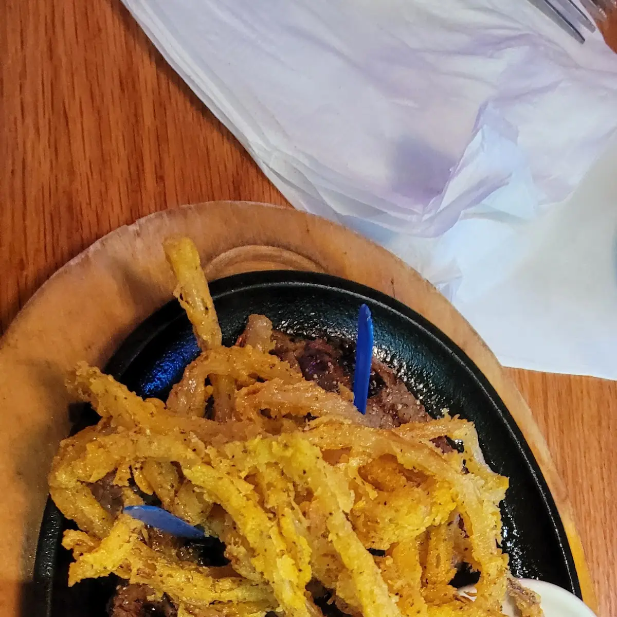 Steak Onion Strings and Loaded Baked Potato