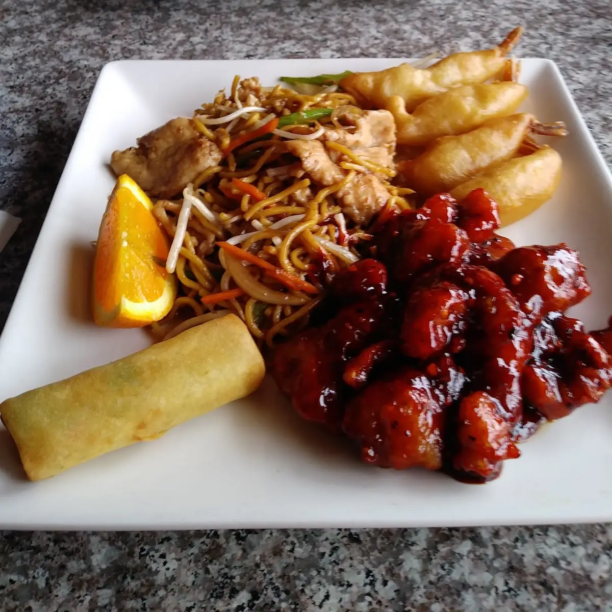 Mongolian Beef & Sweet and Sour Chicken & Vegetable Spring Roll & Fried Shrimp