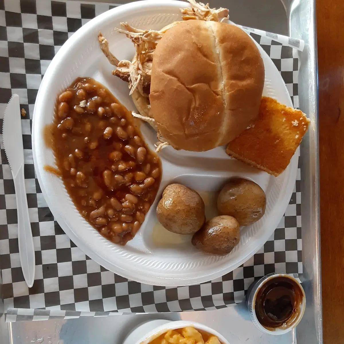 Baked Beans Pulled Chicken Salt Potatoes Mac and Cheese
