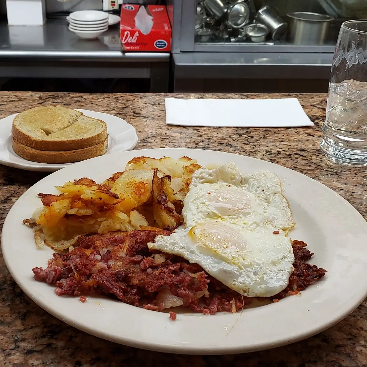 Corned Beef Hash with Eggs and Home Fries