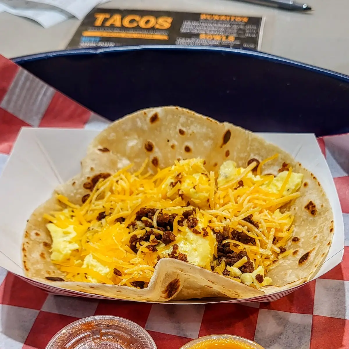 Breakfast Egg and Cheese Chorizo Taco
