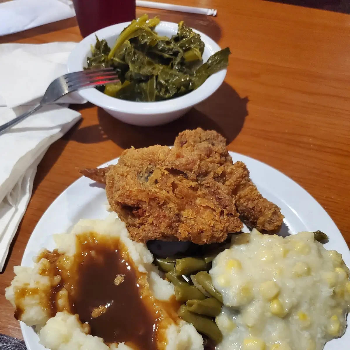 Fried Chicken Creamed Corn Green Beans Mashed Potatoes and Gravy Collard Greens