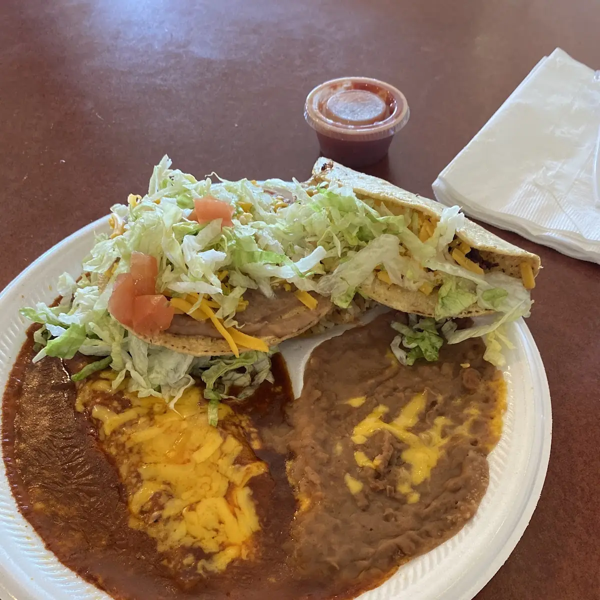 Two Beef Enchiladas Tostada Spanish Rice & Beans