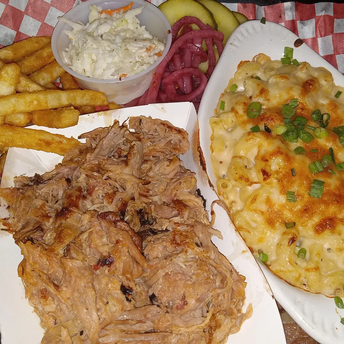Pulled Pork Brisket and Mac and Cheese