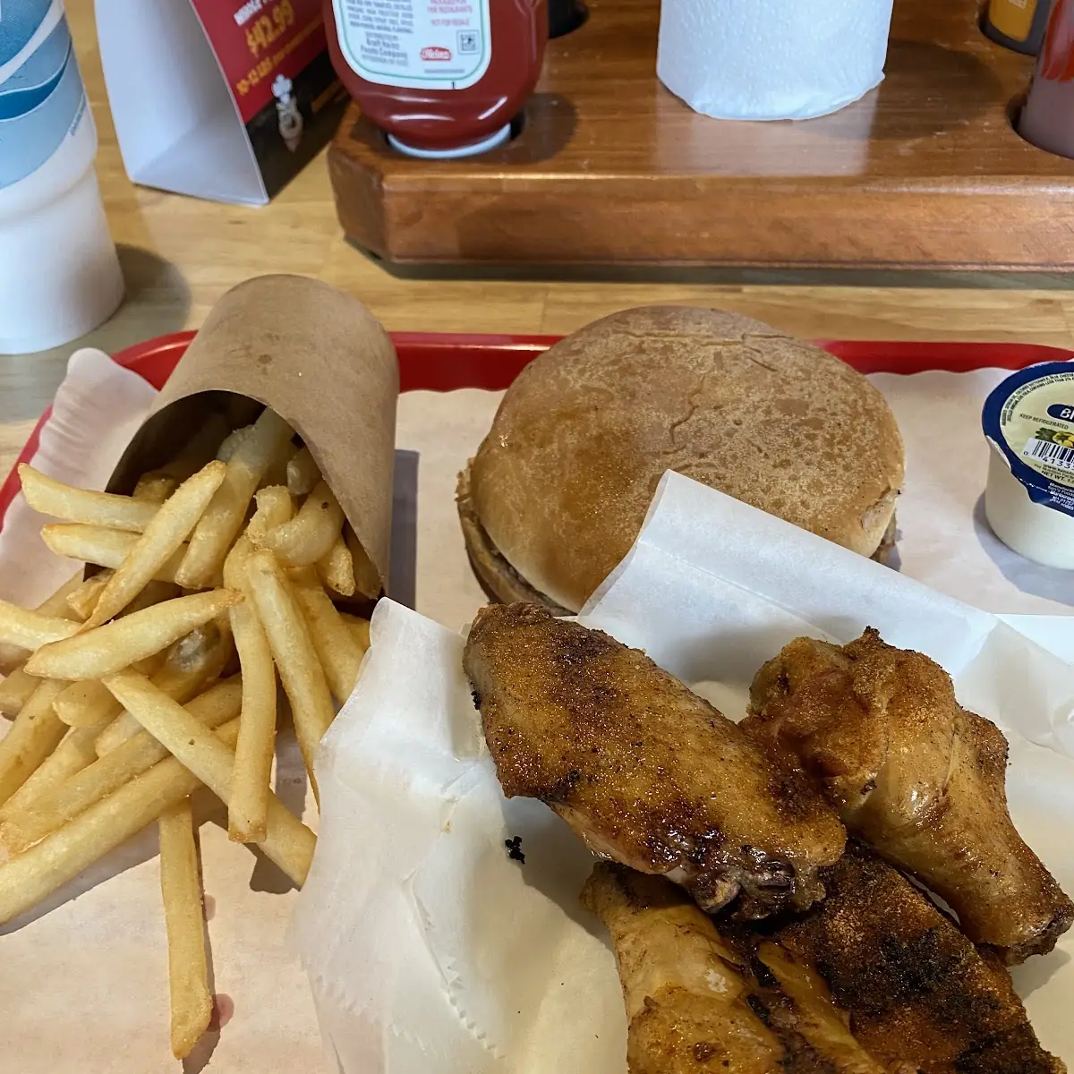 Smoked Wings Pulled Pork Sandwich with Fries