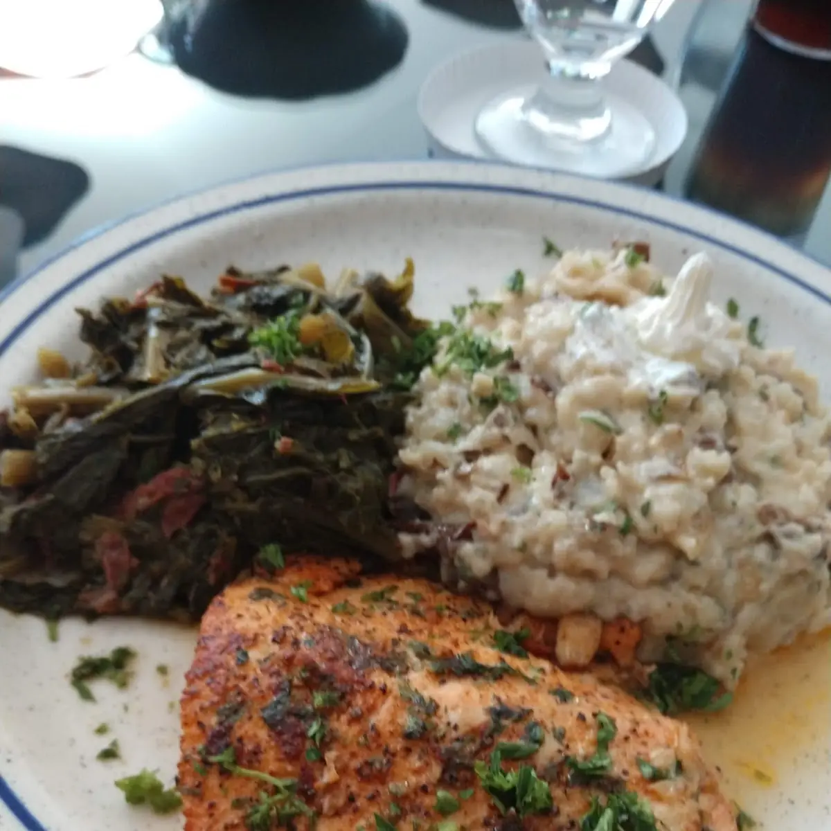 Sauteed Salmon Garlic Mashed Potatoes and Collard Greens