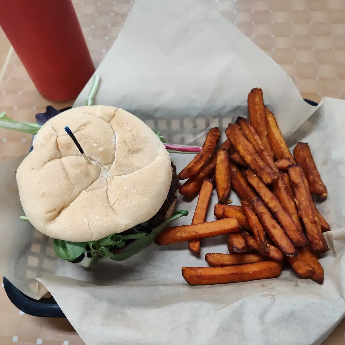 Bacon Smash Burger and Sweet Potato Fries