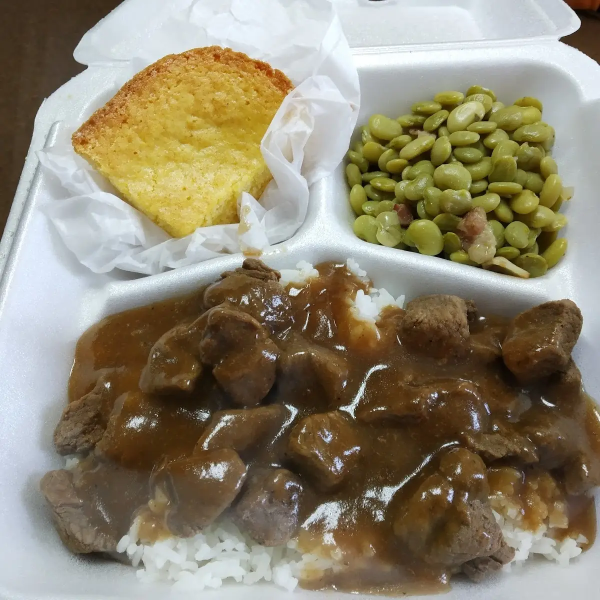 Beef Tips with Rice Butter Beans and Corn Bread