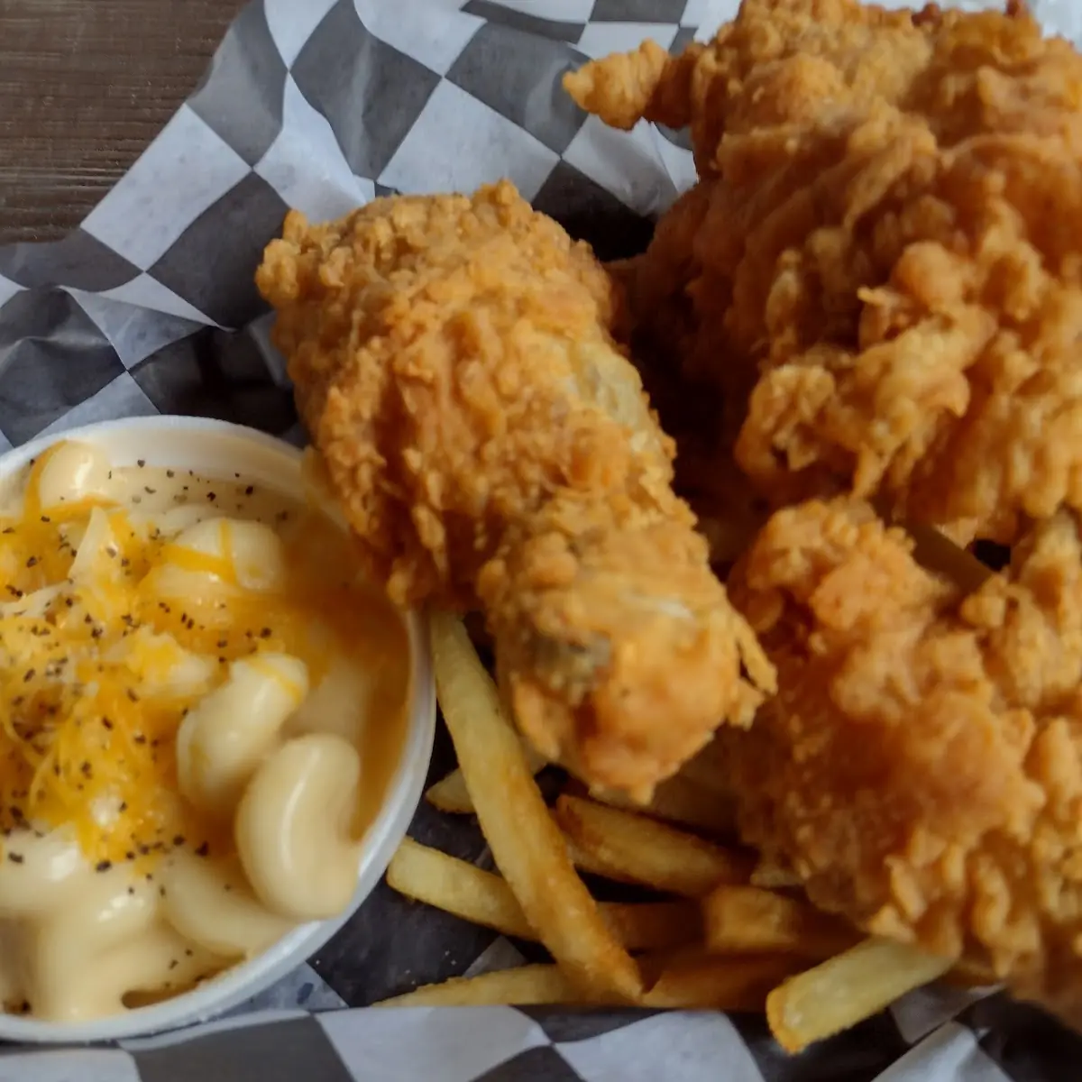 Three Piece Fried Chicken with Fries and Macaroni and Cheese