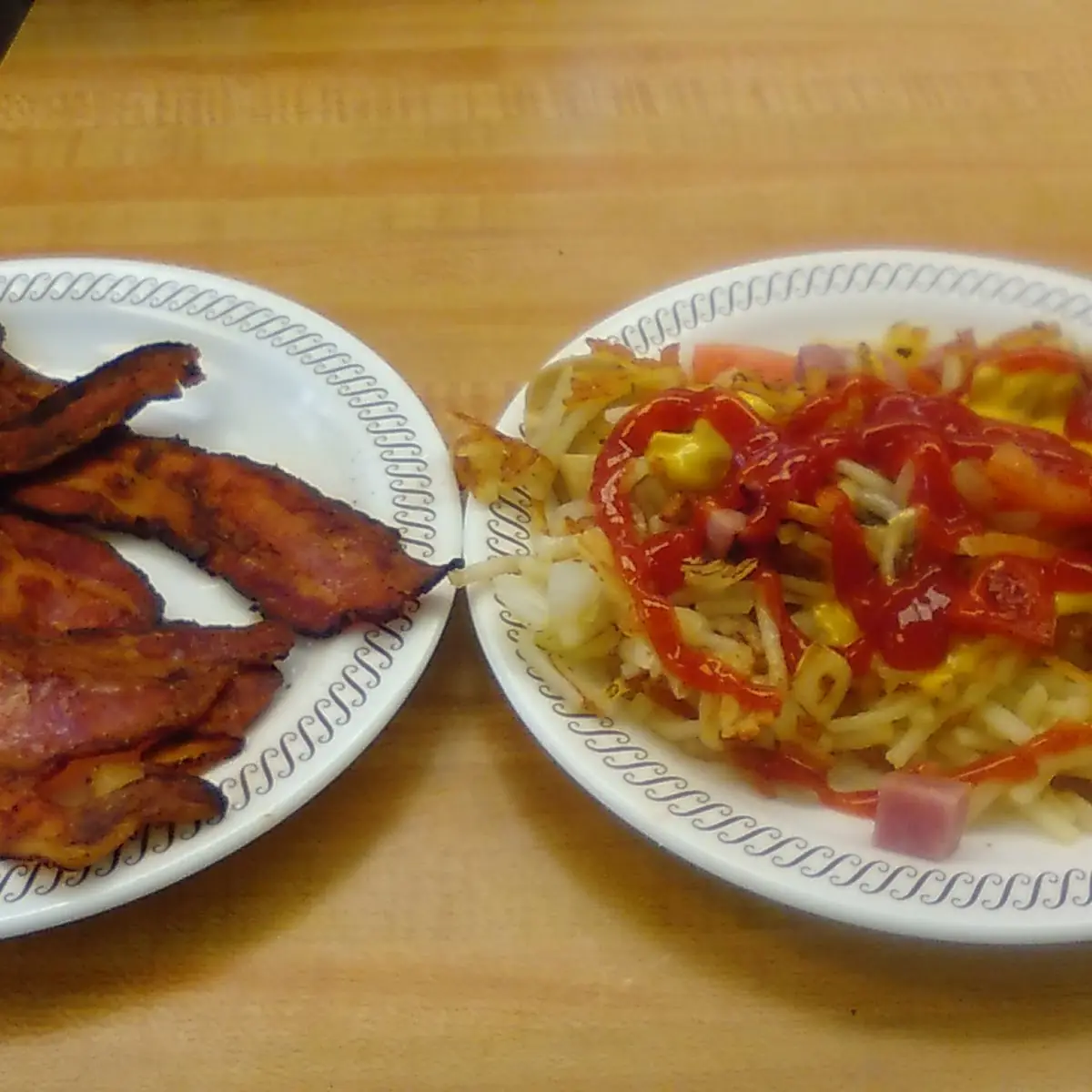 Hash Browns Scattered Covered Smothered Chunked Diced Capped and Peppered Large Side of Bacon