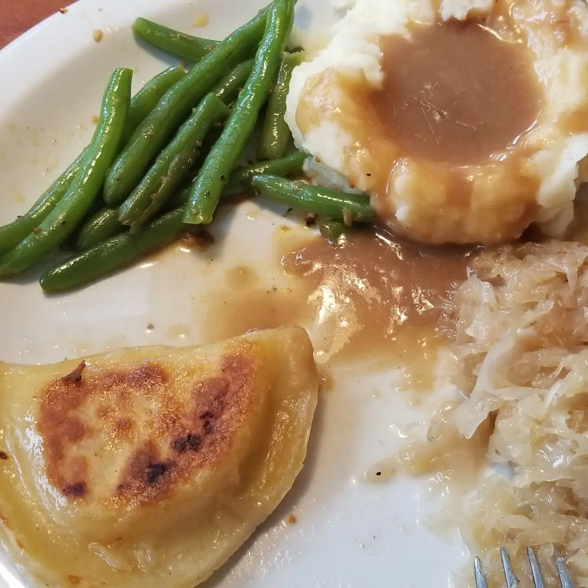 Pierogies Kraut Mashed & Green Beans