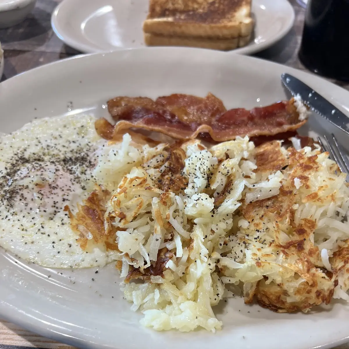 Eggs over Easy Hash Browns with Bacon