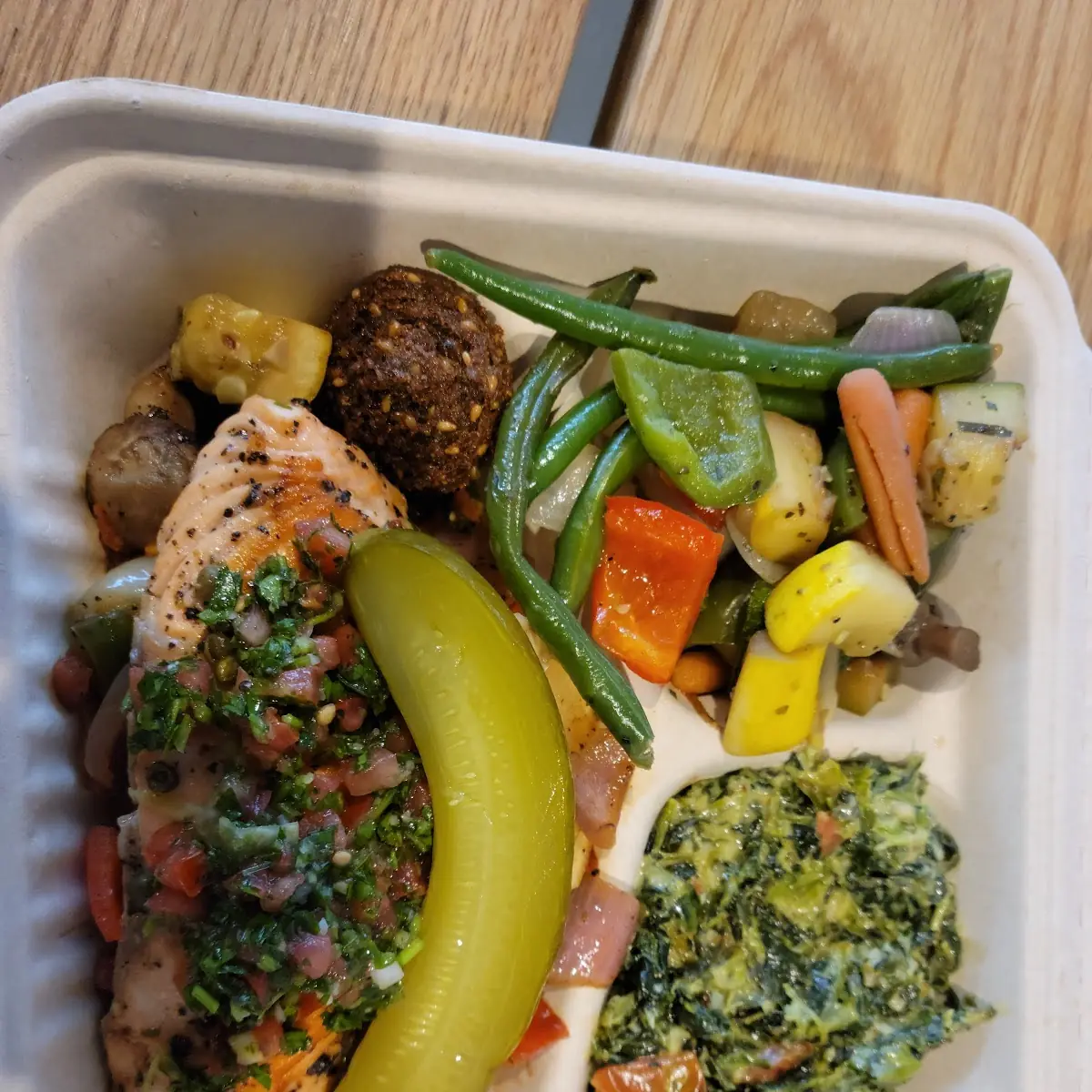 Salmon with Creamed Spinach and Sauteed Vegetables