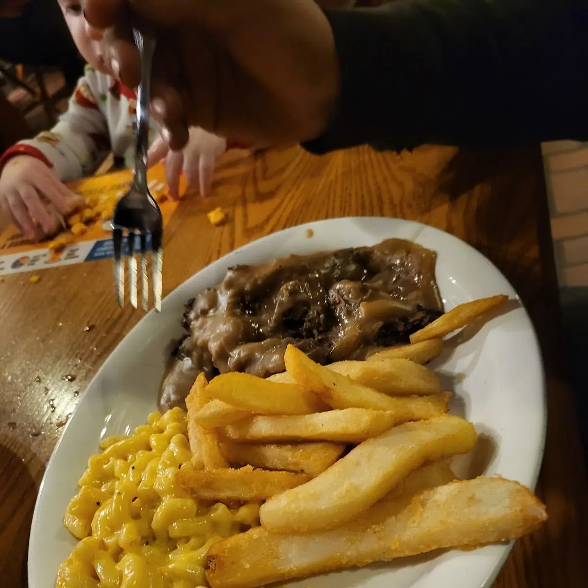 Hamburger Steak w Fries and Mac-Cheese
