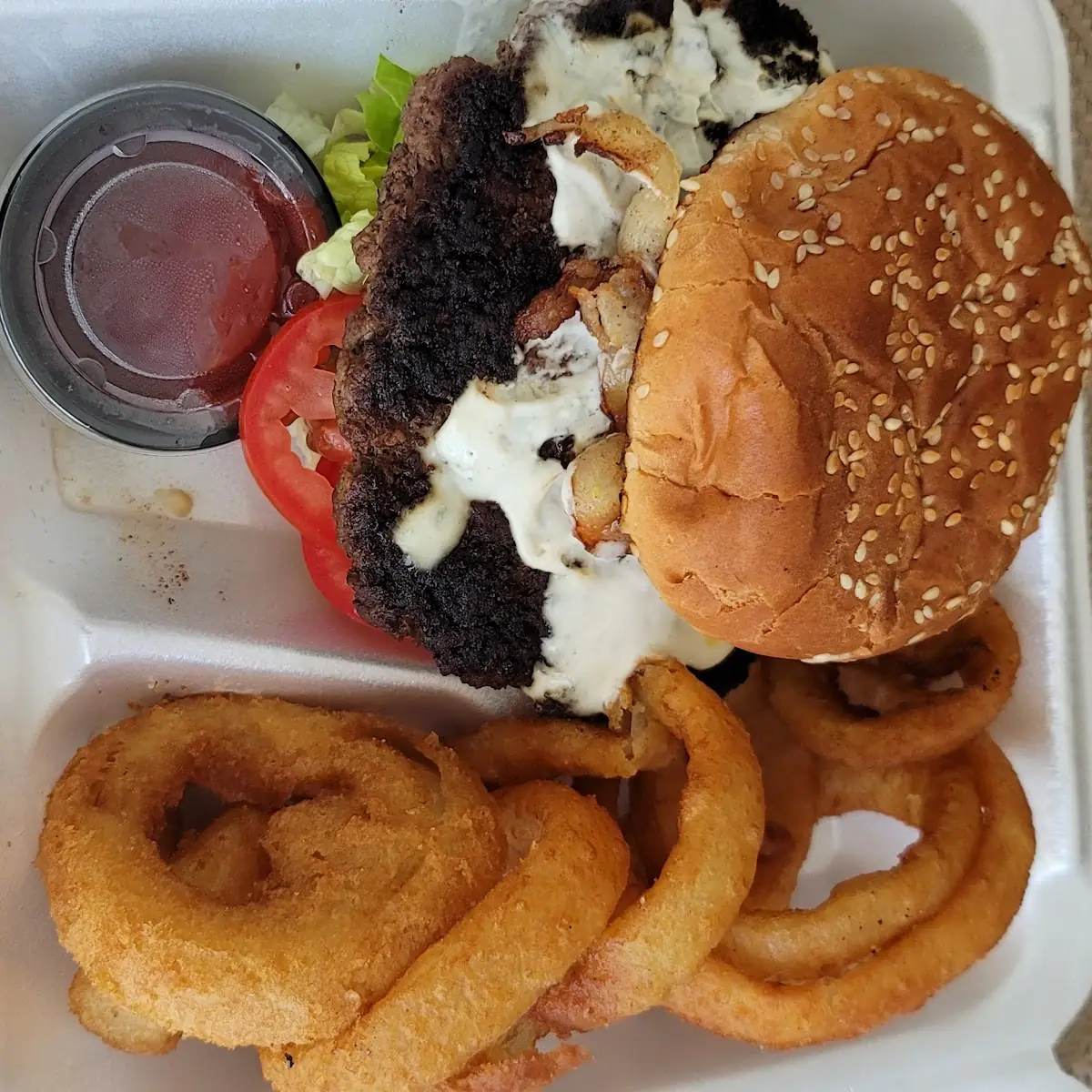 Bacon and Blue Cheese Burger with Onion Rings