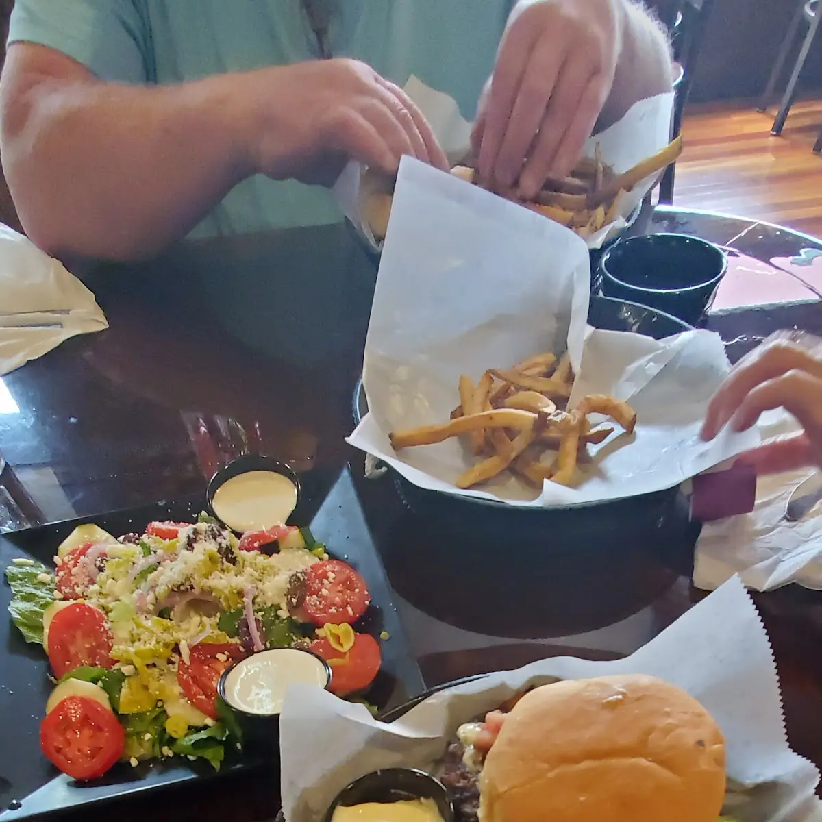 Greek Salad and Blue Bacon Burger