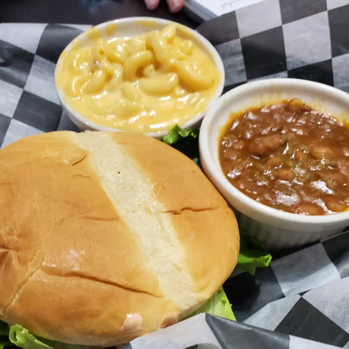 Pork Chop Sandwich with Mac & Cheese and Baked Beans