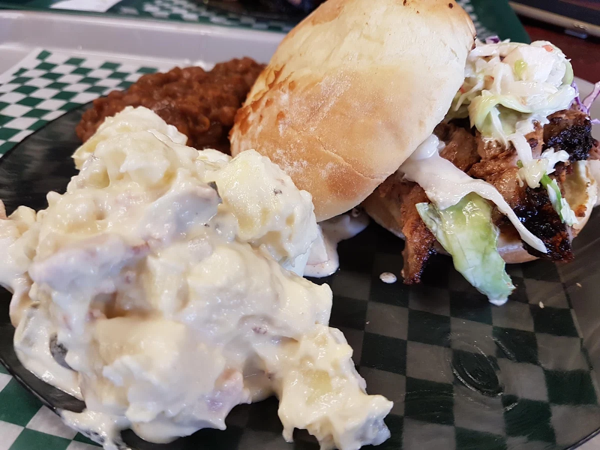 Pulled Pork Sandwich with Mac and Cheese and BBQ Beans
