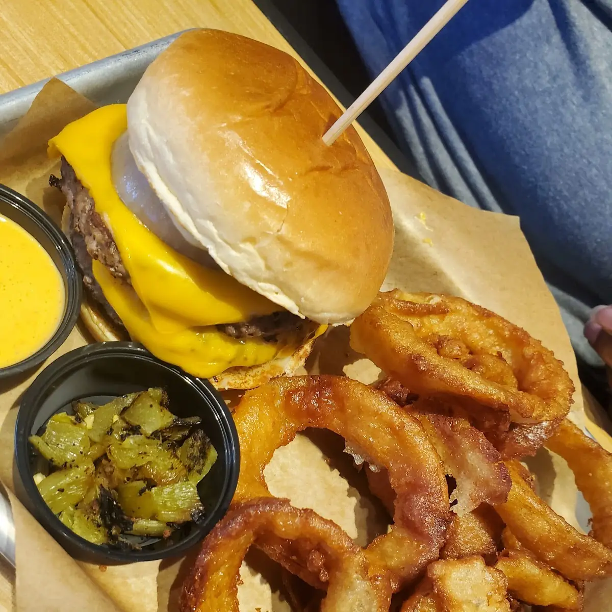 Hatch Bacon Burger with Onion Rings