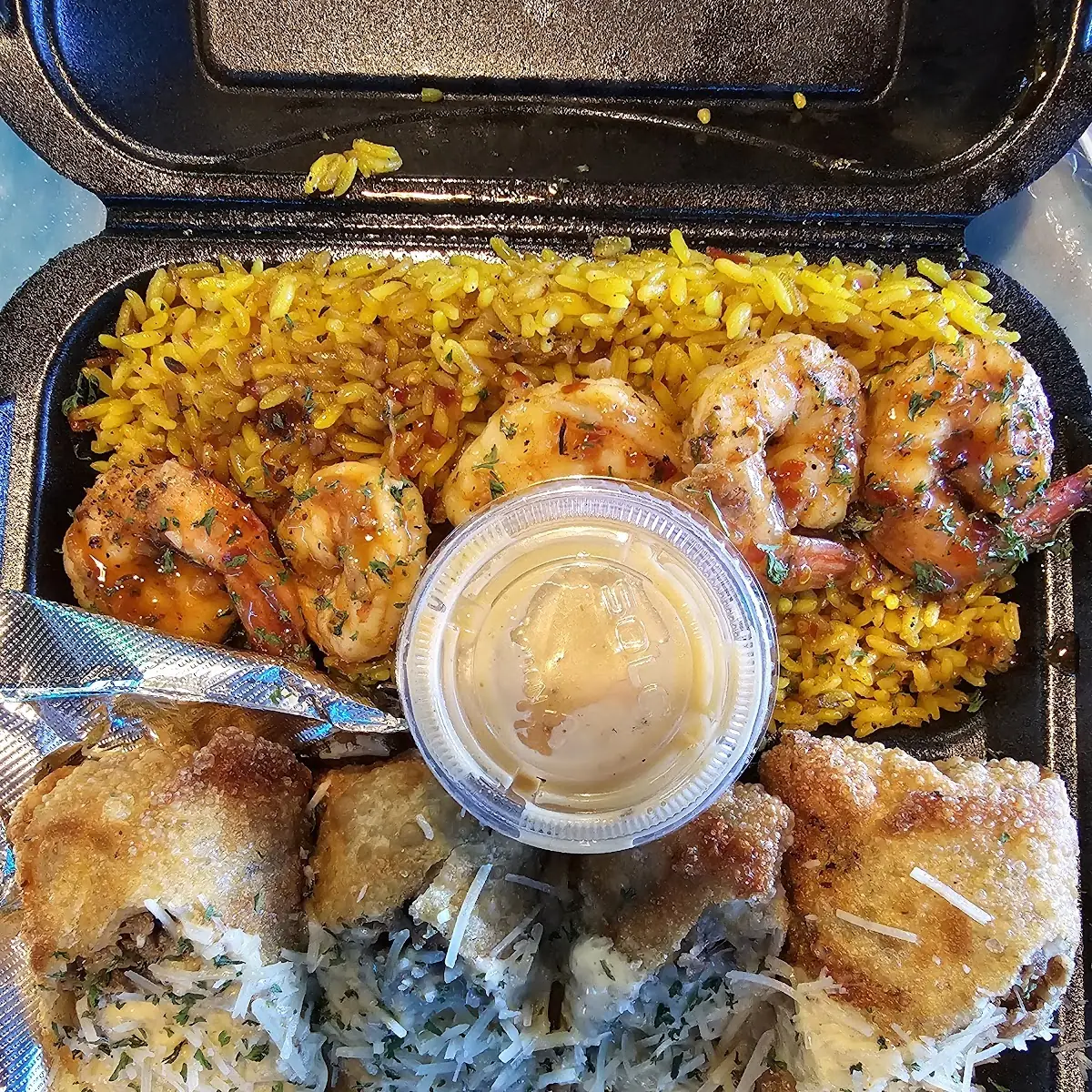 Philly Cheese Egg Roll w Rice and Shrimp